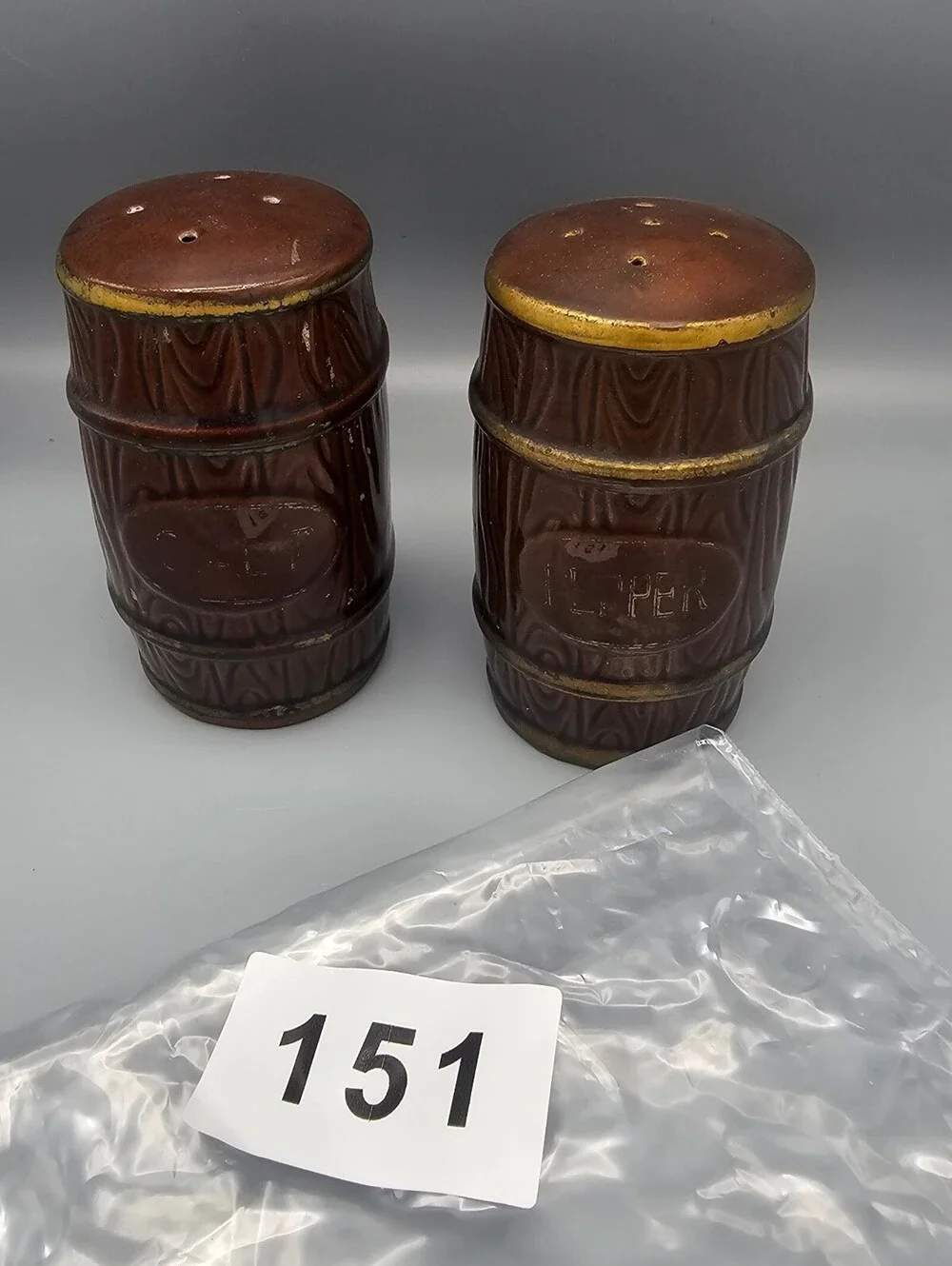 Vintage Ceramic Salt and Pepper Shakers Brown Barrel Design